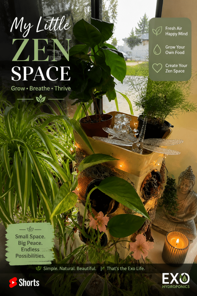 Indoor zen space with lush hydroponic plants growing in an Exo Hydroponics vertical garden tower creating a peaceful home environment