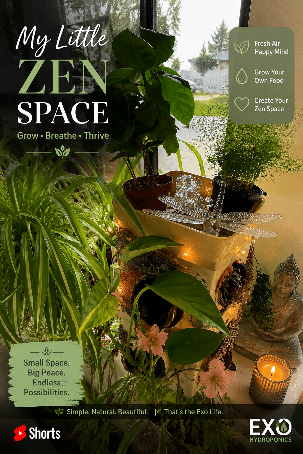 Indoor zen space with lush hydroponic plants growing in an Exo Hydroponics vertical garden tower creating a peaceful home environment